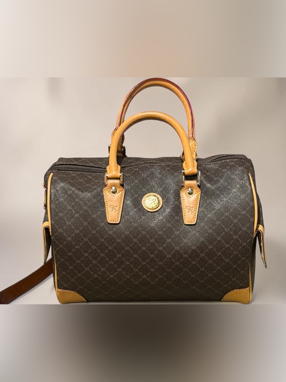 Rioni Moda Italia Boston Handbag Satchel Large Coated Canvas Zip Top Purse